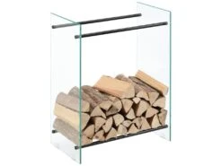 Porte-Bûches Range-Bûches Pour Bois De Chauffage Verre Trempé Acier Laqué 60 X 80 X 35 Cm Transparent Noir [en.casa]