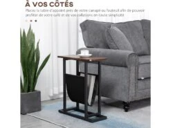 Guéridon Bout De Canapé Table Basse D'appoint - Porte-revue Tissu Noir - Châssis Métal Noir Plateau Aspect Bois -Electroménager Soldes accessoire de rangement 12685191
