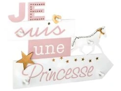 Patère Enfant Pancarte Princesse 5 Crochets En Bois 50 X 35 Cm