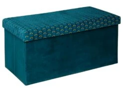 2 En 1 Pouf Pliant Double Et Coffre De Rangement En Velours Bleu Canard 76 X 38 Cm