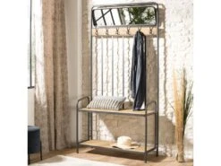 DORIANE - Meuble D'entrée Porte-manteau Bois Sapin Et Métal Avec Miroir 2 étagères