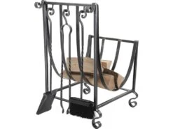 Porte-bûches En Fer Forgé Et 3 Accessoires