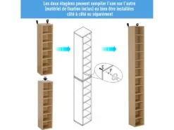 Lot De 2 étagères Colonnes Armoire De Rangement CD-DVD 6 + 6 Compartiments Dim. 21L X 19l X 88H Cm Capacité Max. 204 CD Coloris Hêtre -Electroménager Soldes accessoire de rangement 9429115