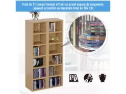 Lot De 2 étagères Colonnes Armoire De Rangement CD-DVD 6 + 6 Compartiments Dim. 21L X 19l X 88H Cm Capacité Max. 204 CD Coloris Hêtre -Electroménager Soldes accessoire de rangement 9429117