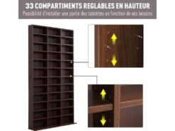 Étagère Rangement CD/DVD Meuble De Rangement Pour 1116 CDs 33 Compartiments Réglables En Hauteur 102 X 24 X 195 Cm Marron -Electroménager Soldes accessoire de rangement 9429137