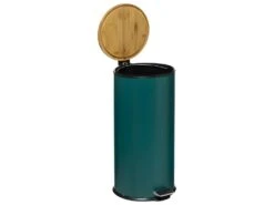Poubelle 30 Litres En Métal Bleu Pétrole Et Couvercle En Bambou -Electroménager Soldes accessoire et rangement cuisine 12589127