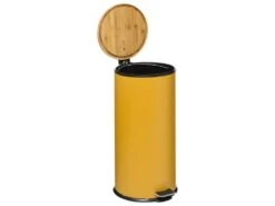 Poubelle 30 Litres En Métal Jaune Moutarde Et Couvercle En Bambou -Electroménager Soldes accessoire et rangement cuisine 12590891