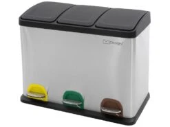 Poubelle Triple Cuisine à Pédale Tri Déchets Ménagers 3 Bacs 3x8 L Argentée 24L
