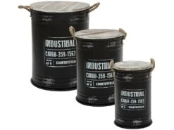 Lot De 3 Coffres Bidon En Métal Noir Industrial Rétro Factory