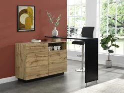 Meuble De Bar Pivotant - 2 Portes, 1 Tiroir Et 1 Niche - MDF - Naturel Et Noir - ELDIR