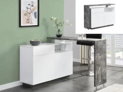 Meuble De Bar Pivotant - 2 Portes, 1 Tiroir Et 1 Niche - MDF - Blanc Laqué Et Béton - ELDIR -Electroménager Soldes bar 480903