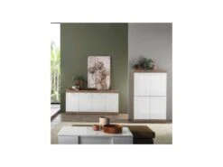 Vaisselier 4 Portes Blanc Laqué Brillant/Chêne Naturel - SPEZIA -Electroménager Soldes buffet 11127809