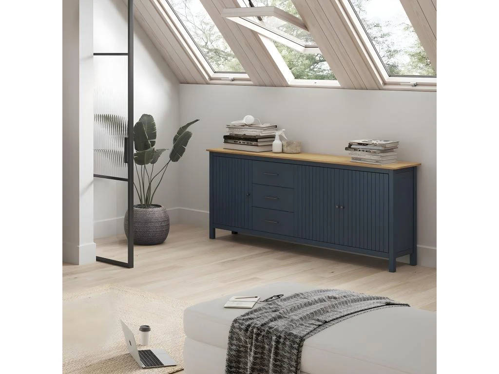 TINA - Buffet Bas 3 Portes 3 Tiroirs Bois Ciré Et Bleu Pétrole 4 TINA - Buffet Bas 3 Portes 3 Tiroirs Bois Ciré Et Bleu Pétrole – Image 2