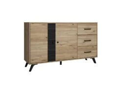 PINIA - Buffet 2 Portes 3 Tiroirs Effet Chêne Naturel Et Noir