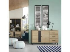 PINIA - Buffet 2 Portes 3 Tiroirs Effet Chêne Naturel Et Noir -Electroménager Soldes buffet 13837317