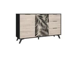 PARELLA - Buffet 2 Portes 3 Tiroirs Effet Chêne Motif Feuilles De Palmier Noir
