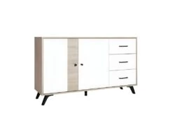 CLARIO - Buffet 2 Portes 3 Tiroirs Effet Bois Clair Et Blanc Mat