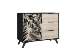 PARELLA - Meuble 1 Porte 3 Tiroirs Effet Chêne Motif Feuilles De Palmier Noir