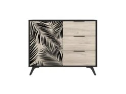 PARELLA - Meuble 1 Porte 3 Tiroirs Effet Chêne Motif Feuilles De Palmier Noir -Electroménager Soldes buffet 13837407