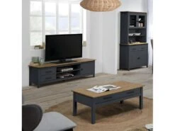 TINA - Buffet Haut 4 Portes 2 Tiroirs Bois Ciré Et Bleu Pétrole