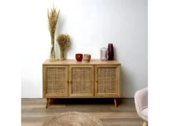 MAYA - Buffet 3 Portes Effet Bois Et Façades Rotin