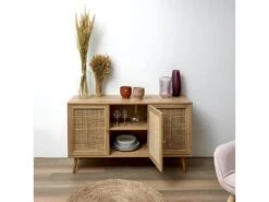 MAYA - Buffet 3 Portes Effet Bois Et Façades Rotin -Electroménager Soldes buffet 9517013