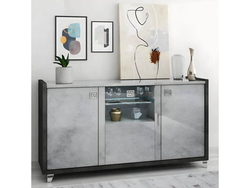 HOFFMAN - Buffet 3 Portes Gris Aspect Pierre Avec Led 4 HOFFMAN - Buffet 3 Portes Gris Aspect Pierre Avec Led – Image 2