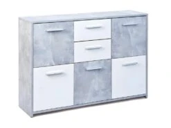 MARRY - Meuble 5 Portes 2 Tiroirs Imitation Béton Et Blanc