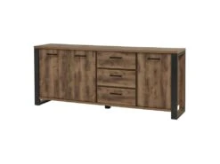 KORA - Buffet 3 Portes 3 Tiroirs Aspect Bois Et Métal Noir