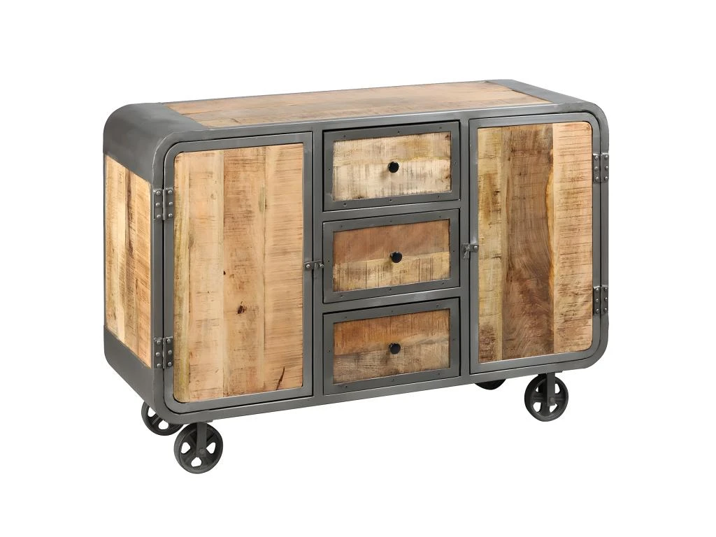 EDWIN - Buffet 2 Portes 3 Tiroirs Acier Et Bois Massif 3 EDWIN - Buffet 2 Portes 3 Tiroirs Acier Et Bois Massif