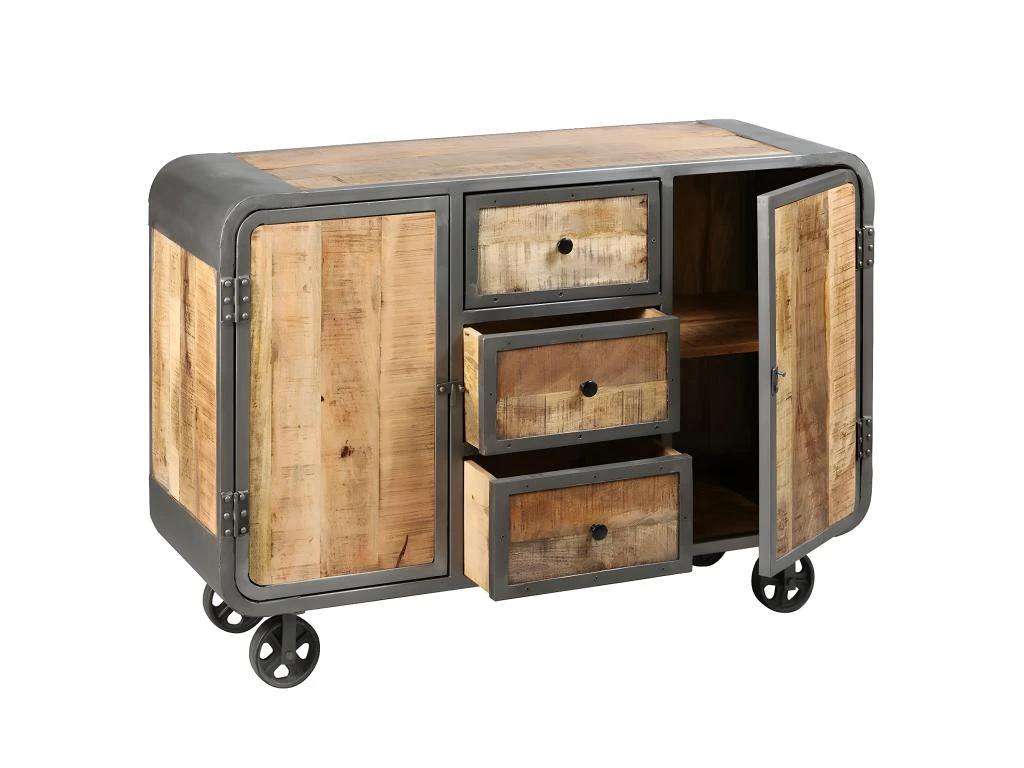 EDWIN - Buffet 2 Portes 3 Tiroirs Acier Et Bois Massif 4 EDWIN - Buffet 2 Portes 3 Tiroirs Acier Et Bois Massif – Image 2