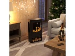 Cheminée Bioéthanol Design Contemporain - Range Bûches - Brûleur 1,2 L - Contrôle De Flamme Et Manche Inclus - Acier Noir