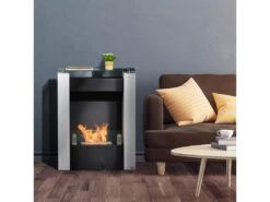 Cheminée Bioéthanol Design Contemporain - étagère, Pare-feu Verre Trempé 6 Mm - Brûleur 1,5 L - Contrôle De Flamme Et Manche Inclus - Acier Noir Blanc