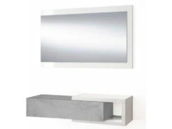 Meuble D'entrée Moon Avec 1 Tiroir Et Miroir, Gris/Blanc, Meuble, 95 Cm Largeur