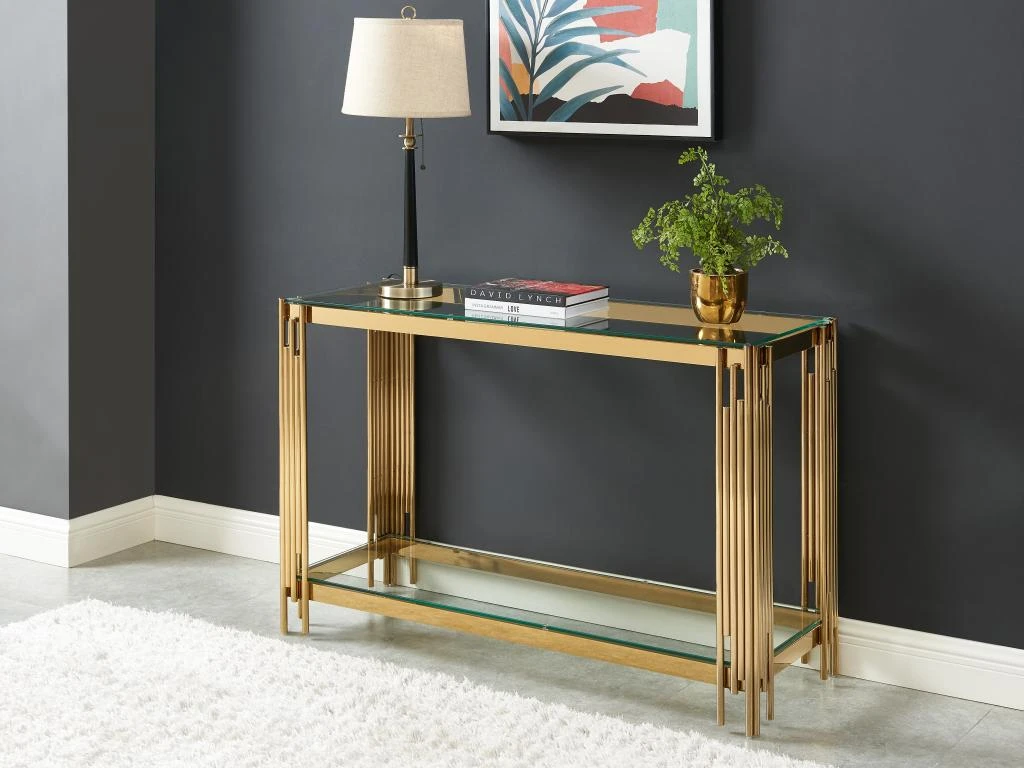 Console Avec 1 étagère En Verre Trempé Et Acier Inoxydable - Doré - NOMELANO De Pascal MORABITO 3 Console Avec 1 étagère En Verre Trempé Et Acier Inoxydable - Doré - NOMELANO De Pascal MORABITO