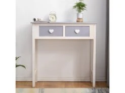 Table Console 2 Tiroirs Bois Blanc Gris Shabby 80x80x30