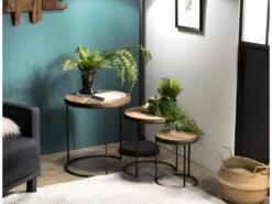 ALIDA - Set De 3 Tables D'appoint Rondes Marrons Teck Recyclé Acacia Mahogany Pieds Métal Noirs