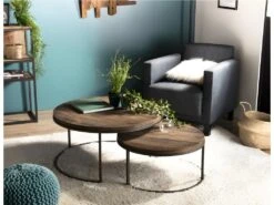 ALIDA - Set De 2 Tables Basses Gigognes Rondes Teck Recyclé Acacia Mahogany Recyclé Pieds Métal Noir