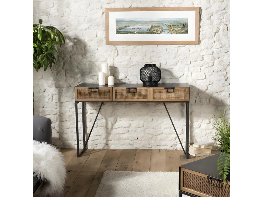 DORIANE - Console Noire Métal 3 Tiroirs Cannage Naturel 3 DORIANE - Console Noire Métal 3 Tiroirs Cannage Naturel