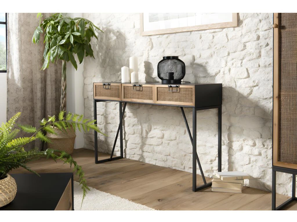 DORIANE - Console Noire Métal 3 Tiroirs Cannage Naturel 4 DORIANE - Console Noire Métal 3 Tiroirs Cannage Naturel – Image 2