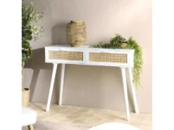 SANDRO - Console Blanche 2 Tiroirs Cannage Naturel