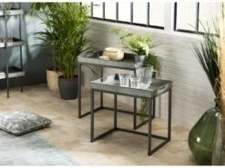 HABY - Set De 2 Tables D'appoint Gigognes Plateaux Rectangulaires Zinc Pieds Métal