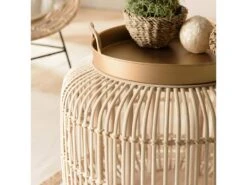 VICTOIRE - Table D'appoint Cylindrique Avec Poignées 60x60cm Plateau En Métal Doré Piètement En Rotin Blanchi -Electroménager Soldes console 14653915