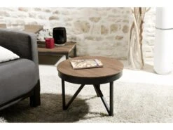 ALIDA - Table Basse Ronde D'appoint 50x50cm Plateau Teck Recyclé Pied Métal Noir