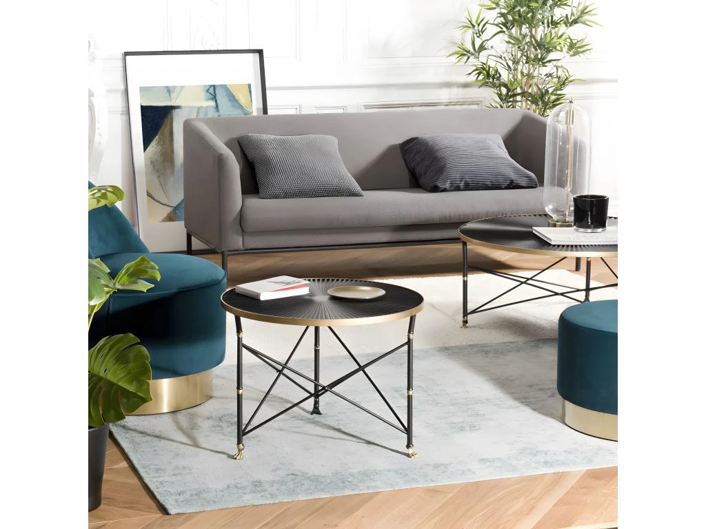 THEODORE - Table D'appoint Ronde 61x61cm Ceinture Dorée Pieds Métal Noir 3 THEODORE - Table D'appoint Ronde 61x61cm Ceinture Dorée Pieds Métal Noir