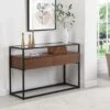 Console Avec 2 Tiroirs En MDF, Verre Trempé Et Métal - Naturel Foncé - CAMATA -Electroménager Soldes console 15072535