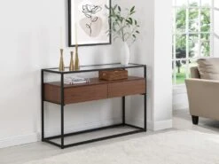 Console Avec 2 Tiroirs En MDF, Verre Trempé Et Métal - Naturel Foncé - CAMATA