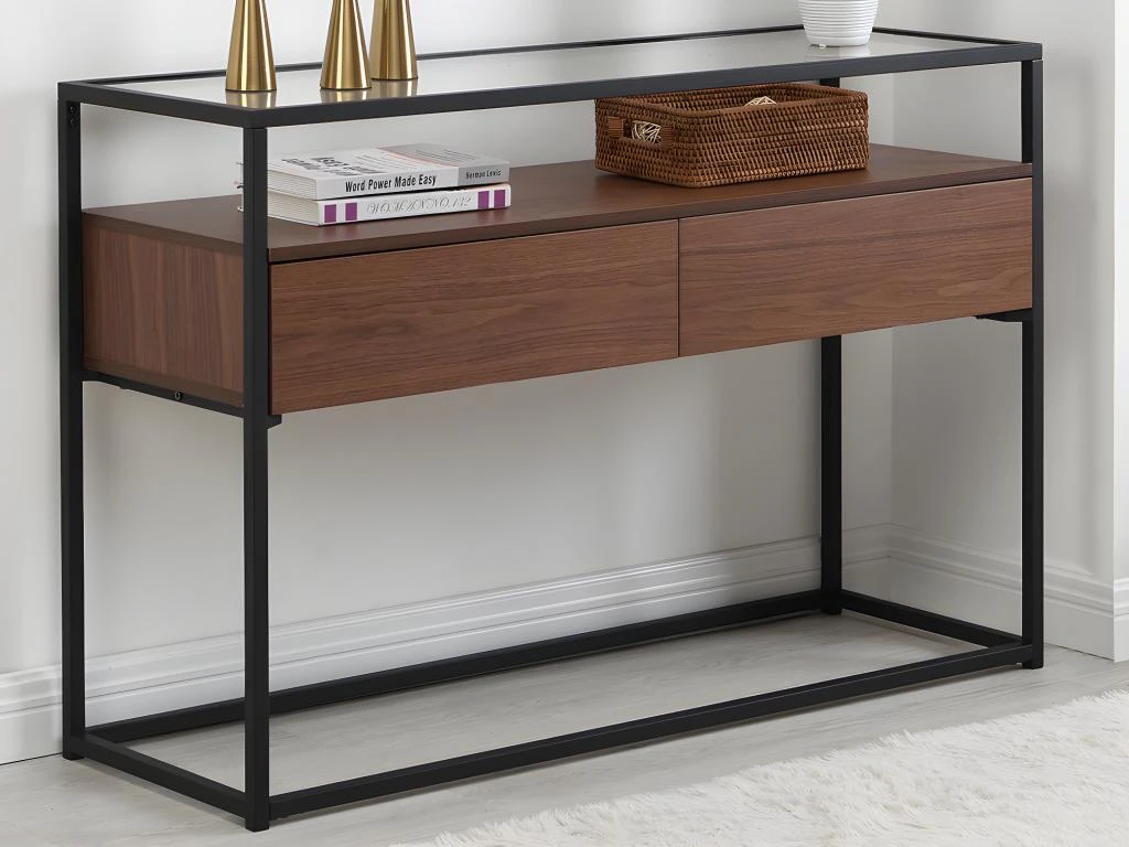 Console Avec 2 Tiroirs En MDF, Verre Trempé Et Métal - Naturel Foncé - CAMATA 4 Console Avec 2 Tiroirs En MDF, Verre Trempé Et Métal - Naturel Foncé - CAMATA – Image 2