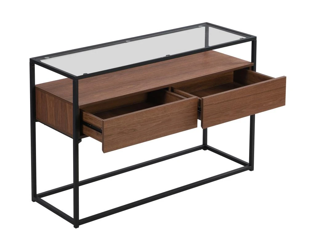 Console Avec 2 Tiroirs En MDF, Verre Trempé Et Métal - Naturel Foncé - CAMATA 8 Console Avec 2 Tiroirs En MDF, Verre Trempé Et Métal - Naturel Foncé - CAMATA – Image 6