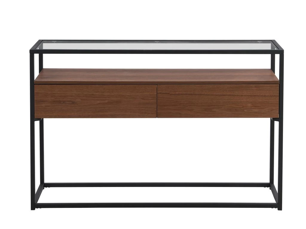 Console Avec 2 Tiroirs En MDF, Verre Trempé Et Métal - Naturel Foncé - CAMATA 5 Console Avec 2 Tiroirs En MDF, Verre Trempé Et Métal - Naturel Foncé - CAMATA – Image 3